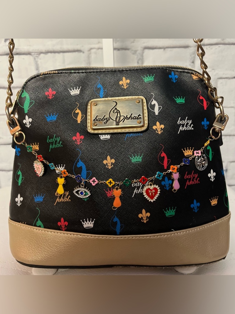Baby Phat Black Multicolor Charm Crossbody with Gold Trim and Chain - Picture 2 of 10